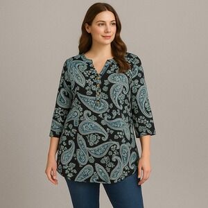 Croft & Barrow Top Womens XXL Black‎ Blue Paisley Boho Modest Everyday Peasant